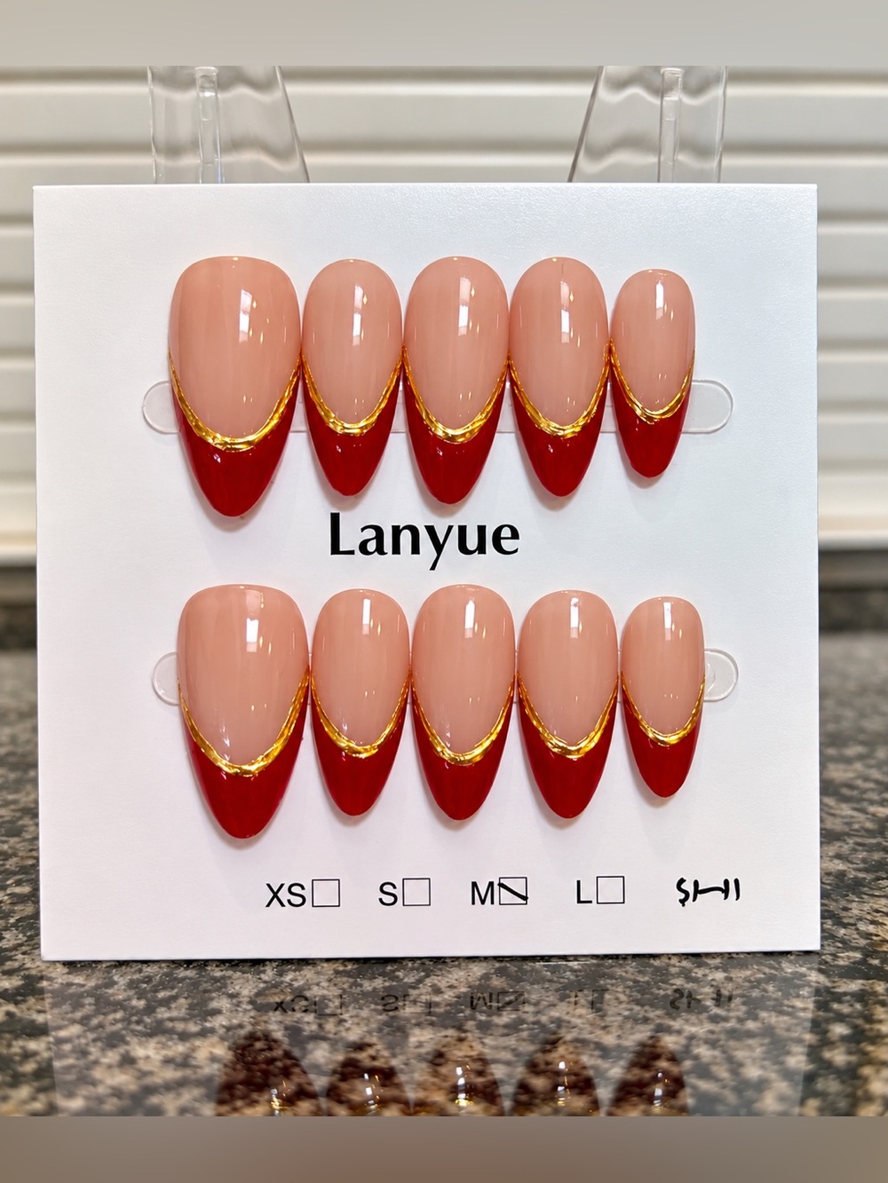 Nude and Red Gold-Trim French Tip Press-On Nails • New